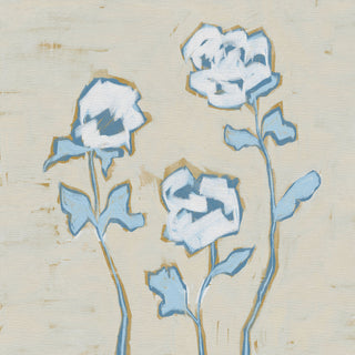 The image is an abstract painting featuring stylized blue flowers or flowers with white petals against a light beige background.