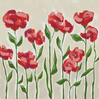 The image is a painting of red flowers with green stems, arranged in a row against a light background.