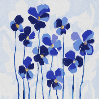 The image is a painting of blue flowers with yellow centers, arranged in a group of seven flowers.