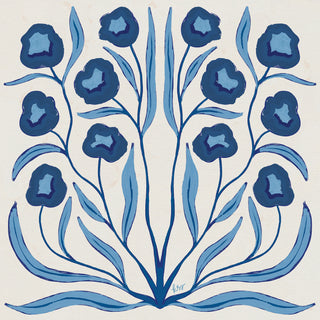 a symmetrical arrangement of blue flowers and leaves, creating a visually appealing and balanced composition.