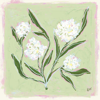 The image is a digital illustration featuring a group of white flowers with green leaves against a green background.