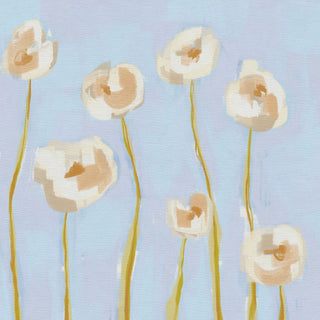 The image is an abstract painting featuring stylized white flowers with yellow stems against a light blue background.