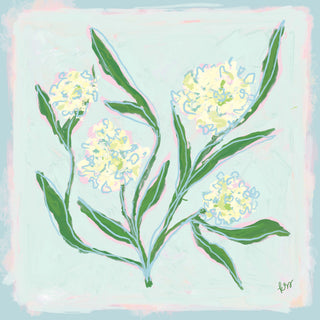 The image is a digital illustration featuring a stylized depiction of a flower with green leaves and white petals.