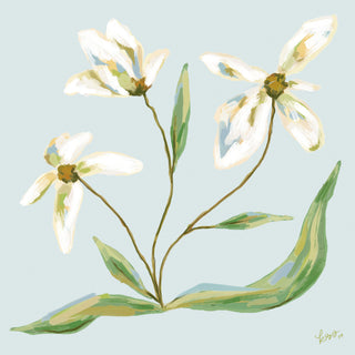 a group of white flowers with green leaves, arranged in a stylized manner against a light blue background.