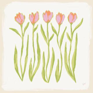 five pink flowers with green stems, arranged in a row against a light background.