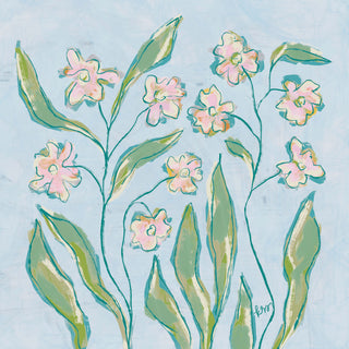 The image is a vibrant and colorful illustration featuring a variety of flowers and leaves in shades of pink, green, and yellow against a light blue background.