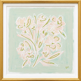 The image is a framed painting depicting a bouquet of flowers in pastel colors, including pink and green, against a light green background.