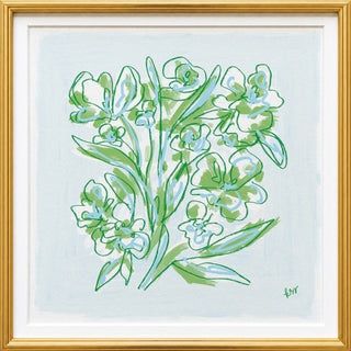 The image is a framed artwork depicting a stylized arrangement of green and white flowers.