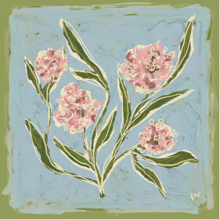 The image is a painting of pink flowers with green leaves against a blue background.