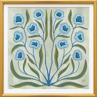 The image is a framed artwork featuring a stylized floral design with blue flowers and green leaves.