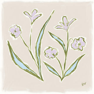 The image is a digital illustration featuring stylized flowers and leaves in shades of blue and green against a light beige background.