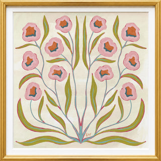 The image is a framed artwork featuring a stylized floral design with pink flowers and green leaves.