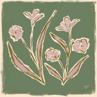 The image is a square-shaped illustration featuring stylized pink flowers against a green background.