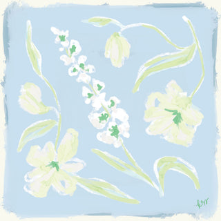 The image is a digital illustration featuring various stylized white flowers and green leaves against a light blue background.