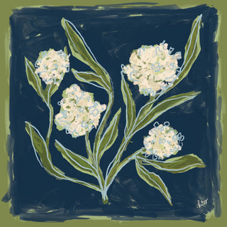 The image is a digital illustration featuring a group of white flowers with green leaves against a dark blue background.
