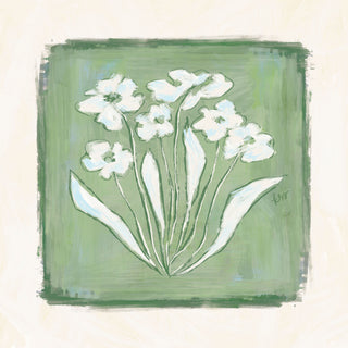 The image is a square painting featuring a group of white flowers against a green background.