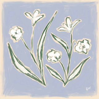 The image is a digital illustration featuring stylized white flowers with green stems against a light blue background.