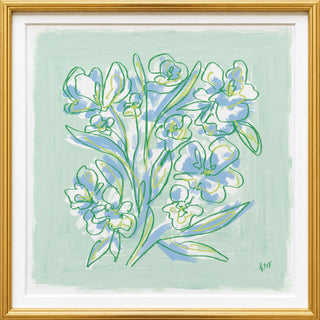 The image is a framed artwork depicting a stylized arrangement of flowers in various shades of blue and green against a light green background.