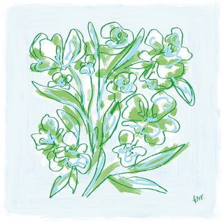 The image is a vibrant and colorful illustration of various green flowers and leaves, with a focus on the delicate and intricate details of the floral elements.