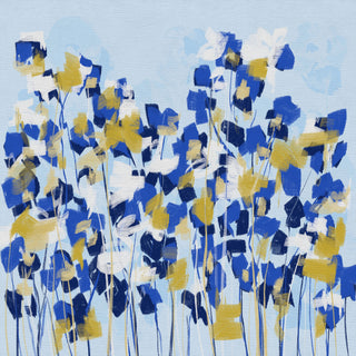 The image is an abstract painting featuring a vibrant display of blue and yellow flowers or leaves against a light blue background.