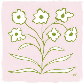 The image is a simple, stylized illustration of a flower with green stems and leaves, set against a pink background.