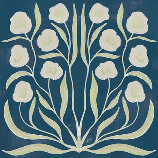 The image is a digital illustration featuring a symmetrical arrangement of white flowers and green leaves against a dark blue background.