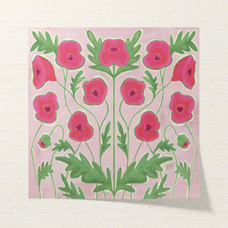 The image is a vibrant and colorful illustration featuring a repeating pattern of pink flowers with green leaves. The flowers are arranged in a symmetrical and balanced composition, creating a visually appealing and harmonious design.