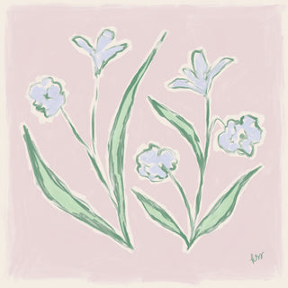 The image is a digital illustration featuring stylized flowers in shades of blue and green against a pink background.