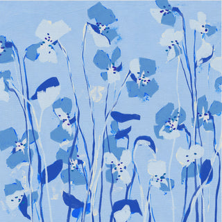 The image is an abstract painting featuring blue flowers and leaves against a light blue background.