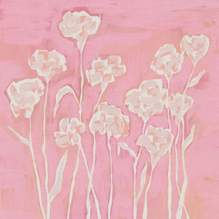 The image is an abstract painting featuring white flowers or flowers with pink and white petals against a pink background.
