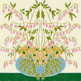 A vibrant and intricate floral arrangement featuring a variety of pink and green flowers, leaves, and branches, all set against a light green background.