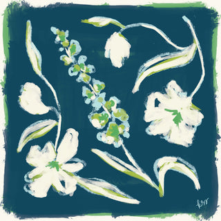The image is an abstract painting featuring various stylized flowers and leaves in shades of green and white against a dark blue background.