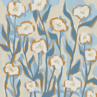 The image is an abstract painting featuring stylized white flowers with blue and orange stems against a light blue background.