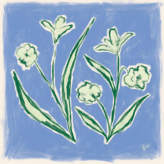 The image is a digital illustration featuring stylized green and white flowers against a blue background.