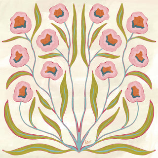 The image is a vibrant and colorful illustration featuring a symmetrical arrangement of pink flowers with green leaves. The flowers are depicted in various stages of bloom, creating a sense of movement and life. The overall composition is visually appealing and captures the essence of nature.