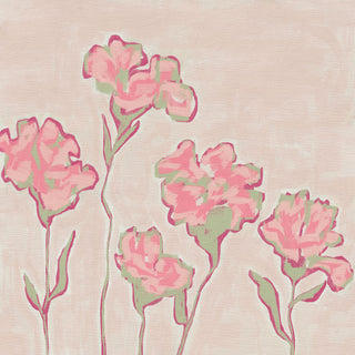 a group of pink flowers with green stems, arranged in a row against a light pink background.