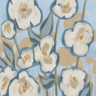 The image is an abstract painting featuring stylized white flowers with blue and orange accents against a light blue background.