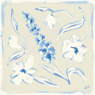 The image is a digital illustration featuring various blue flowers and leaves in a stylized, abstract manner.