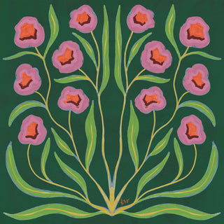 The image is a vibrant and colorful illustration featuring a symmetrical arrangement of pink flowers with green leaves against a dark green background.