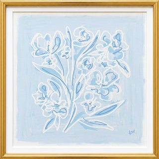 The image is a framed painting depicting a stylized arrangement of blue flowers against a light blue background.