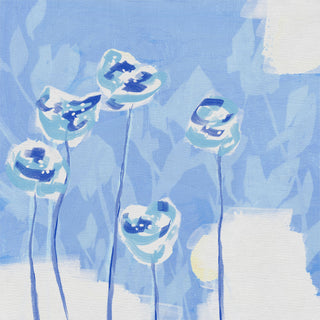 The image is an abstract painting featuring blue flowers or flowers with blue and white colors against a blue background.