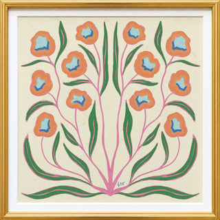 The image is a framed artwork featuring a symmetrical arrangement of orange flowers with green leaves.
