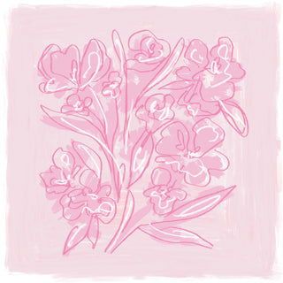 The image is a pink floral illustration featuring a variety of pink flowers and leaves against a pink background.
