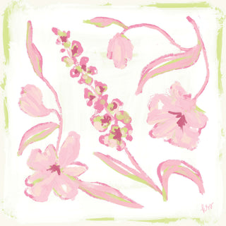 The image is a vibrant and colorful abstract painting featuring various pink flowers and leaves in different shapes and sizes, creating a lively and dynamic composition.