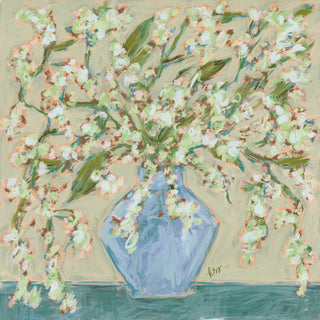 The image is an abstract painting featuring a blue vase filled with white flowers, set against a light green background.