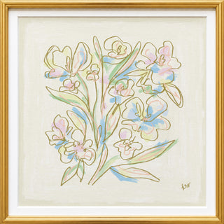 The image is a framed artwork depicting a bouquet of colorful flowers, including pink, blue, and green flowers, arranged in a stylized manner.