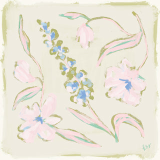 The image is a digital illustration featuring a variety of colorful flowers and leaves in shades of pink, blue, and green.