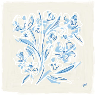 The image is a digital illustration featuring a stylized floral arrangement with blue and white flowers.