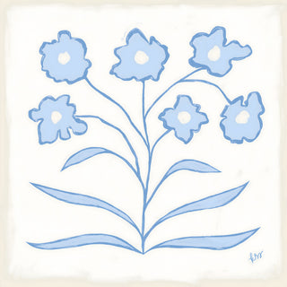 A simple, stylized illustration of blue flowers with thin stems and leaves.
