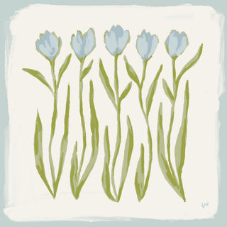 A group of five blue flowers with green stems and leaves, arranged in a row against a light background.
